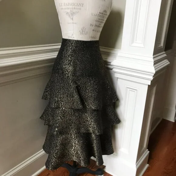Charlotte Brody Cascade Ruffle Midi Skirt Womens 8 Black Gold High Rise Tiered